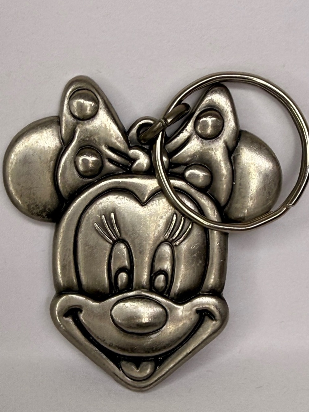 Vintage Disney Minnie Mouse Pewter Head Key Chain 1990's Embossed Metal Design